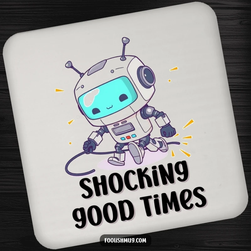 Funny drink coaster showing a clumsy robot tripping over its power cord with sparks flying, functional and humorous as a funny gift.