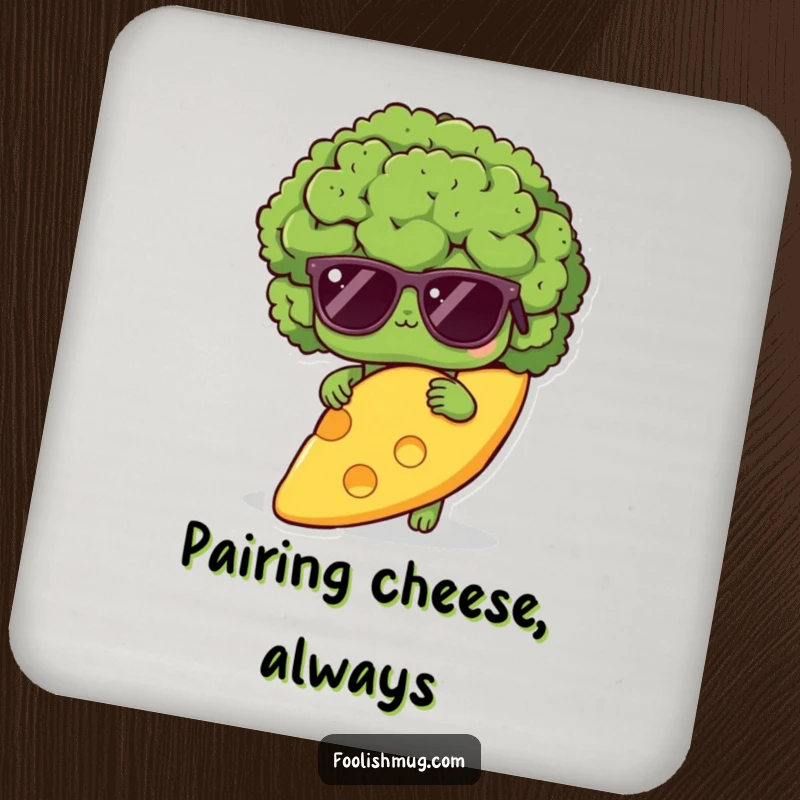Funny shy broccoli coaster, depicting a broccoli with sunglasses hiding behind cheese, perfect for adding humorous table protection.