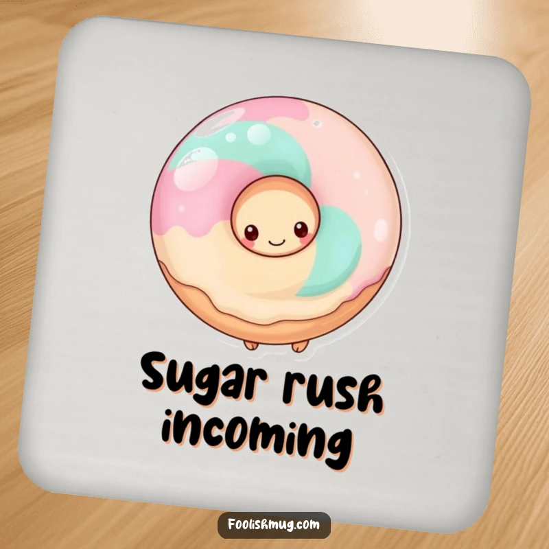 Funny shy donut hiding behind a giant lollipop, designed on drink coasters, for sweet table protection.