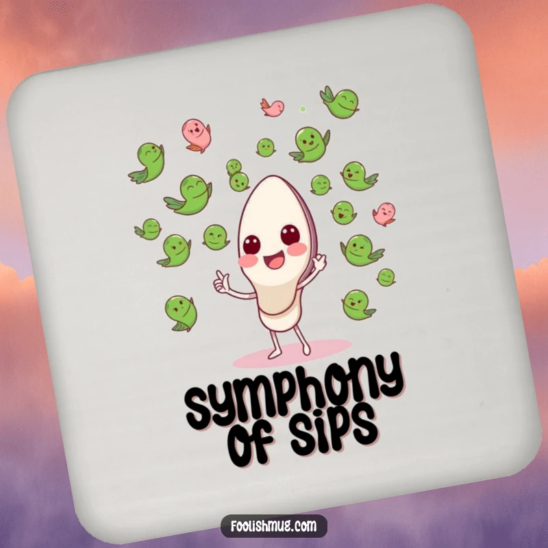 Funny Coaster with a happy spoon conducting a flying pea orchestra, adding musical flair to drinks.