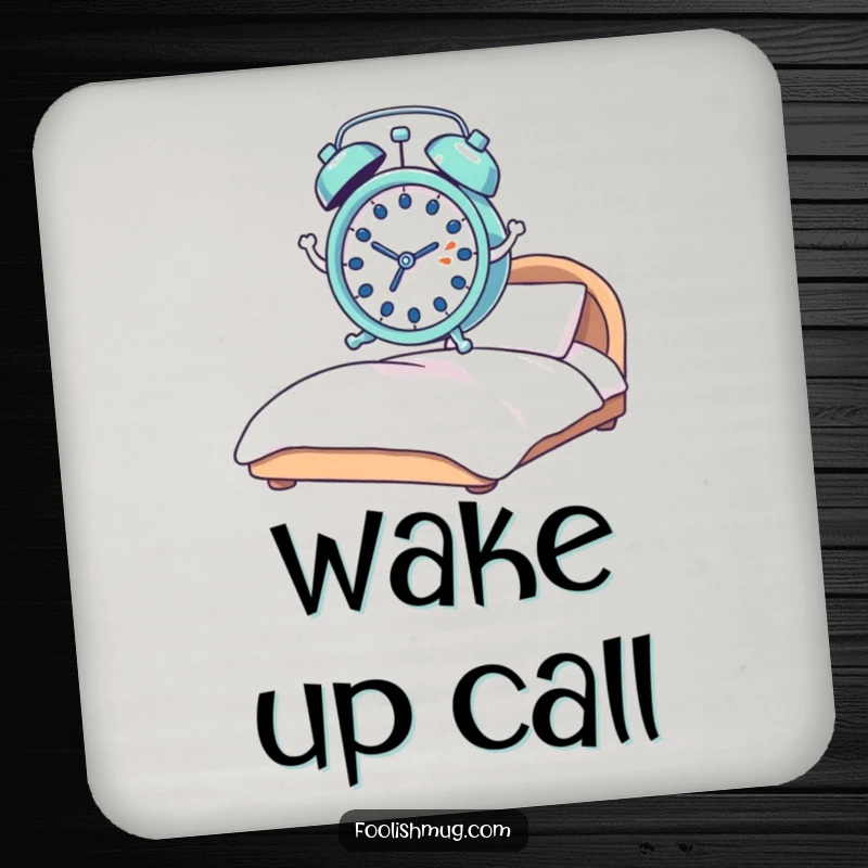 Funny alarm clock drink coaster, tiny and startled, comically leaping with springs from a bed, providing humorous surface protection.