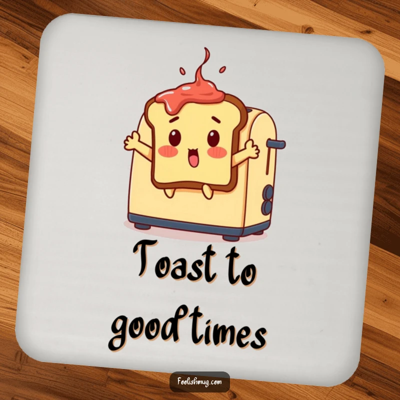 Funny surprised toast coasters, a toast slice jumping out of a toaster with jam, playful funny gift.