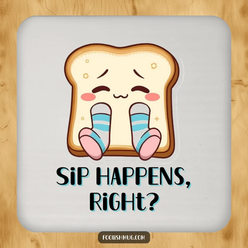Funny toast slice with mismatched socks, designed on drink coasters, adding humor to tabletops.