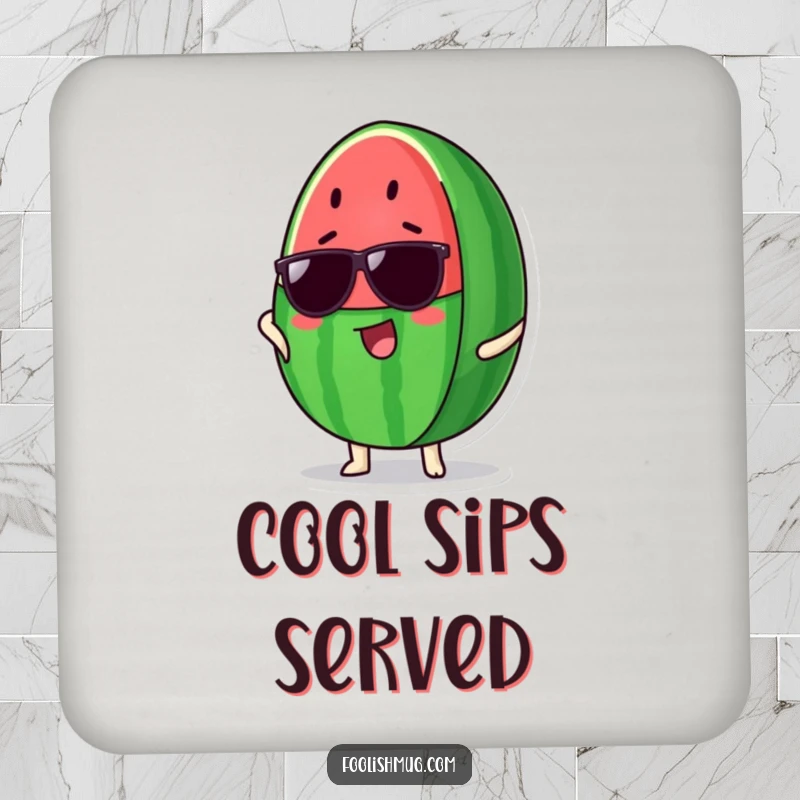 Funny Watermelon Drink Coaster: A proud watermelon slice humorously wears cool sunglasses, protecting tables with style.