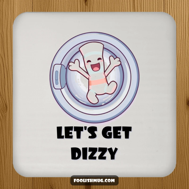 Funny sock character dancing wildly out of a washing machine on a drink coaster, providing humorous surface protection.