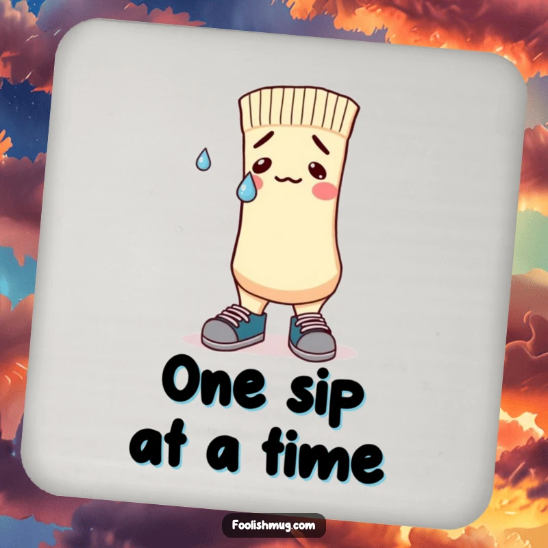 Funny Coaster with a nervous sock character, mismatched shoes, and a sweatdrop, adding comic relief to drinks.