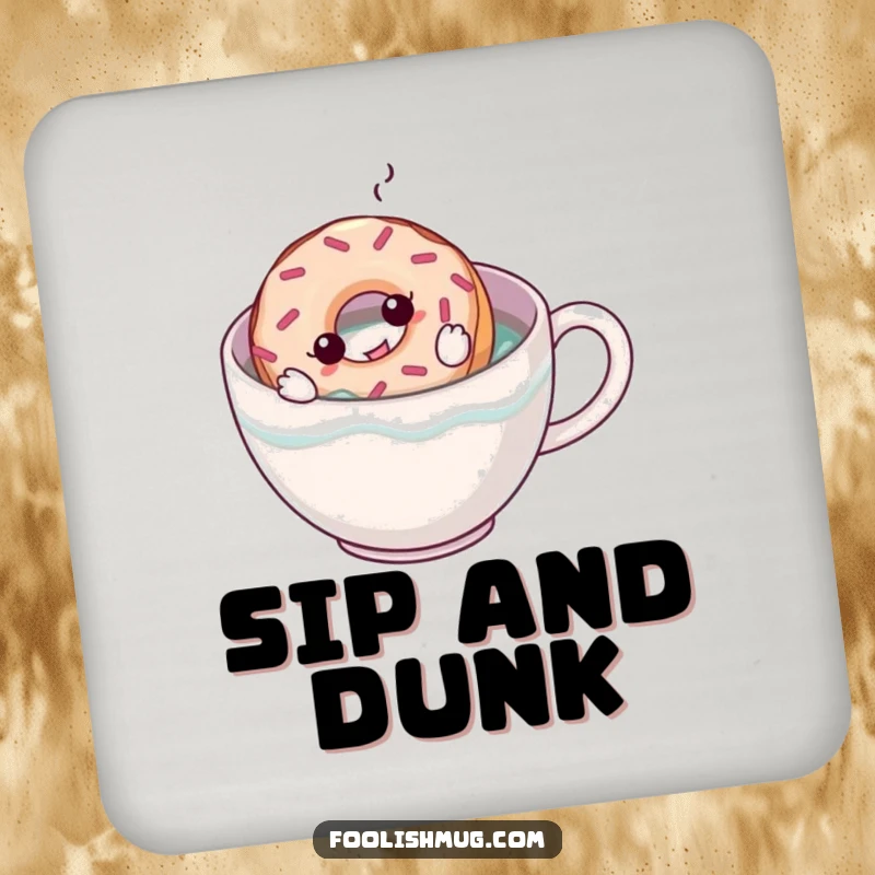Funny drink coaster with a cartoon donut trying to swim in a coffee mug, protecting surfaces with a touch of breakfast humor.
