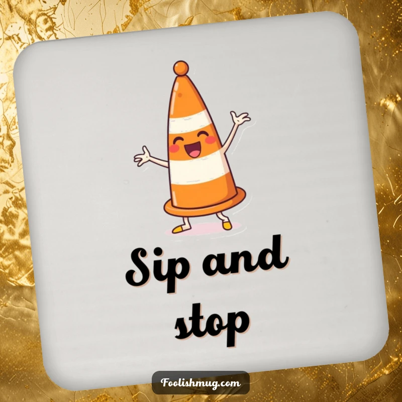 Funny traffic cone drink coaster, enthusiastically dancing and comically blocking its own path, providing humorous surface protection.