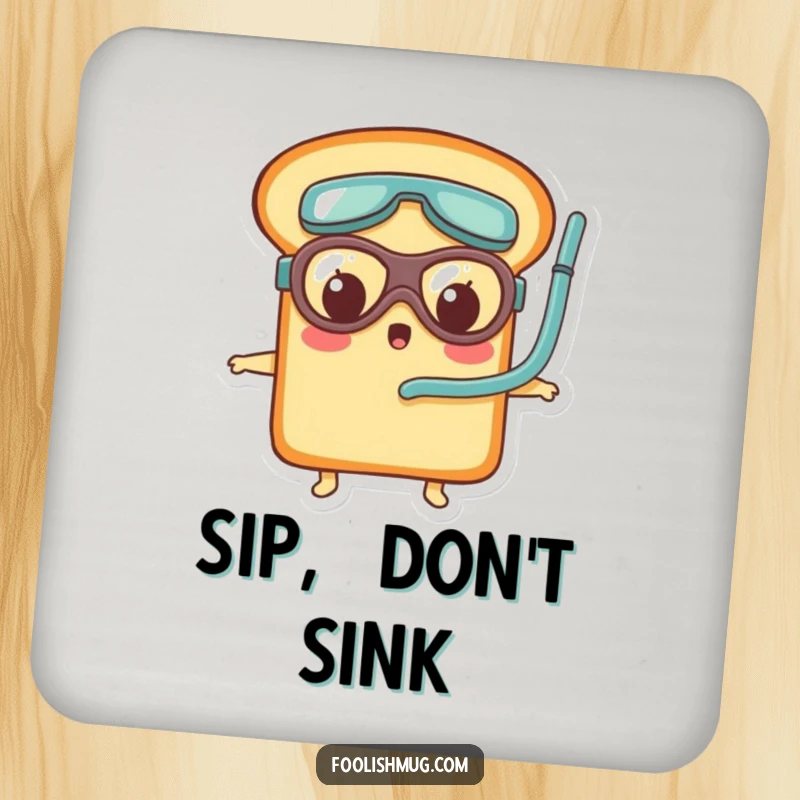 Funny bread loaf character wearing tiny goggles and snorkel, looking surprised on drink coasters, protecting surfaces with humor.