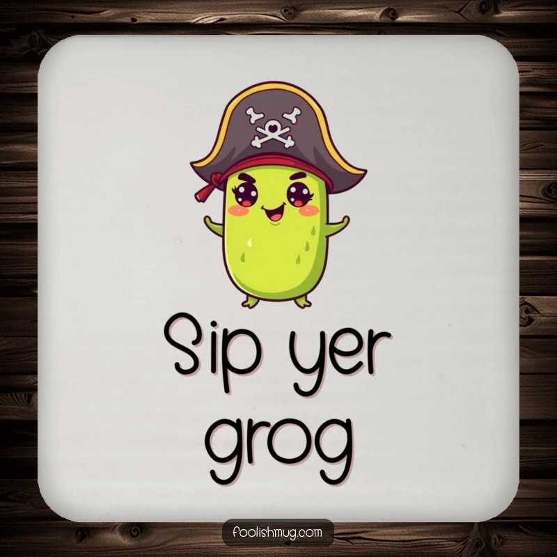 Funny Drink Coaster: A mischievous pickle wears a pirate hat, adding a splash of nautical humor to your table.