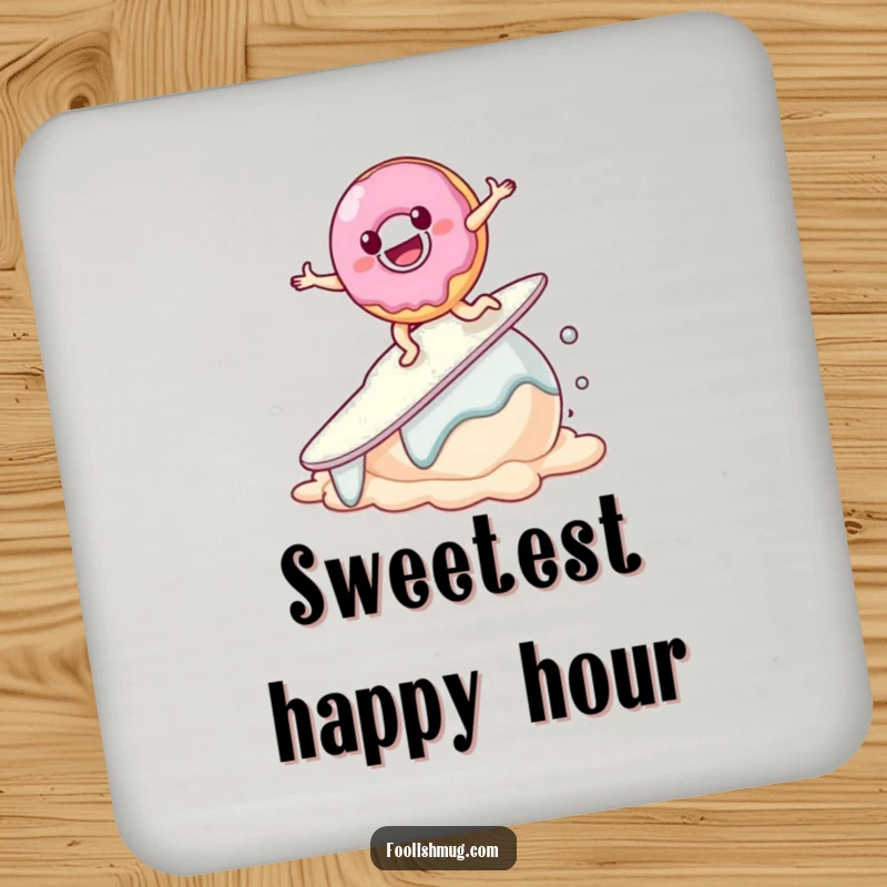 Funny Donut Coaster set featuring a smiling donut character attempting to surf on a melting scoop of ice cream, adding sweet charm.