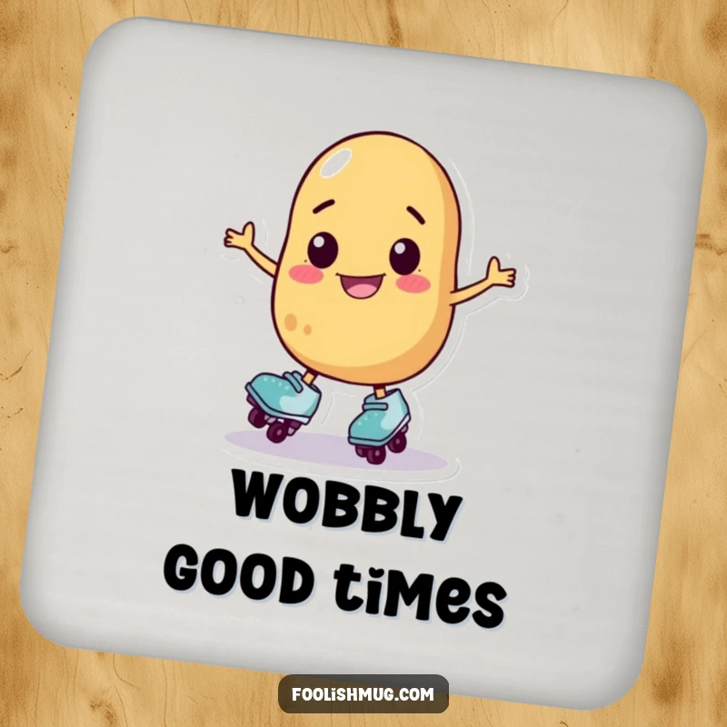 Funny potato character on roller skates wobbling, set of coasters, perfect funny gift for home bars.