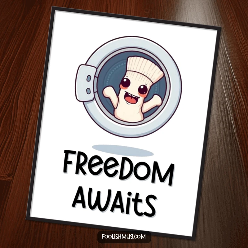 Funny poster featuring a mischievous sock character attempting to break free from a washing machine, perfect for laundry room decor.