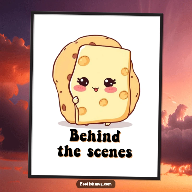 Funny Poster of a blushing cheese slice character hiding behind a cracker, illustrating shy sweetness with humor.