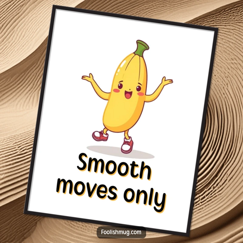 Funny poster art of a banana peel wearing small shoes, enthusiastically dancing, capturing a moment of pure, slippery fun.