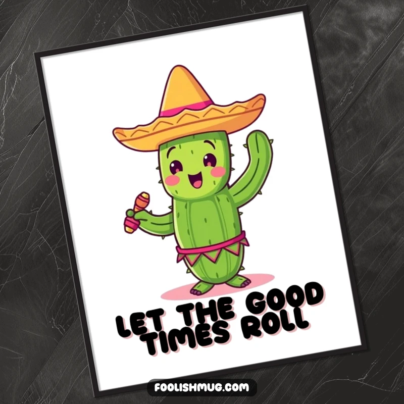 Funny dancing cactus in a sombrero, shaking maracas, as festive wall art, bringing lively humor.