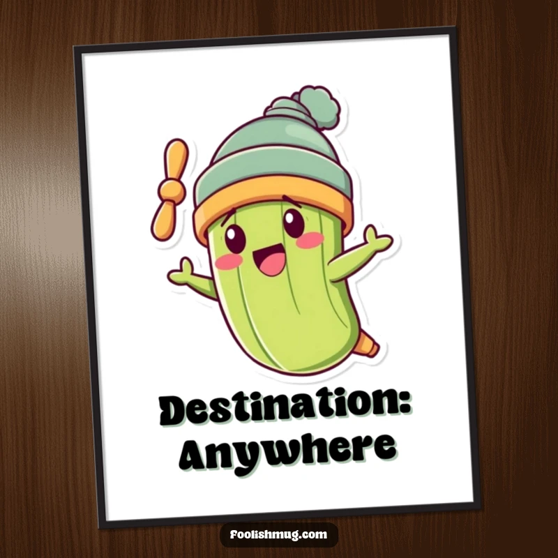 Funny pickle character wearing a propeller beanie, flying crookedly on a wall poster, adding aerial humor.