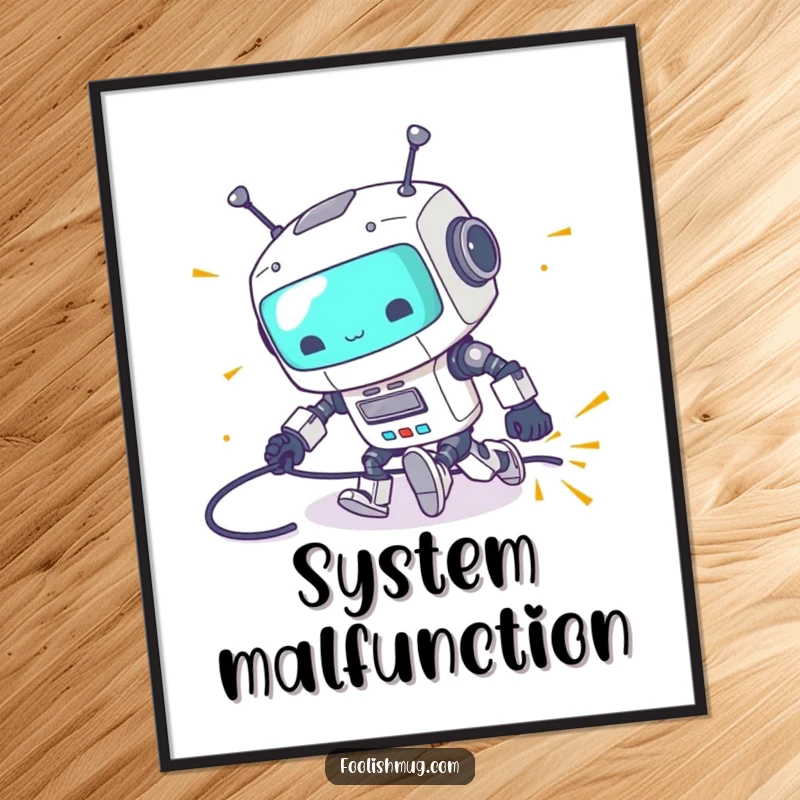 Funny poster art of a clumsy robot tripping over its power cord with sparks flying, adding tech humor as a funny gift.