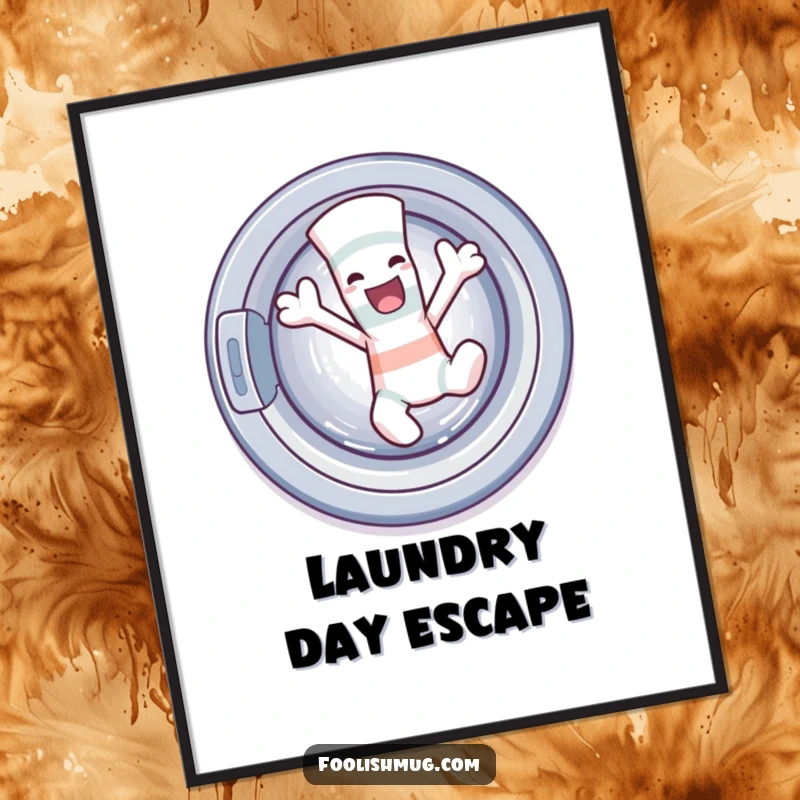 Funny sock character dancing wildly out of a washing machine on a poster, capturing a moment of mischievous escape for decor.