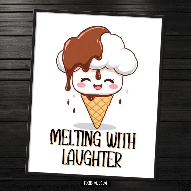 Funny poster art of a giggling cloud character raining chocolate syrup on a confused ice cream cone, adding dessert humor as a funny gift.