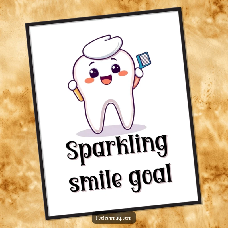 Funny Poster: A smiling toothbrush character enthusiastically scrubbing a discolored molar, creating humorous dental wall art.