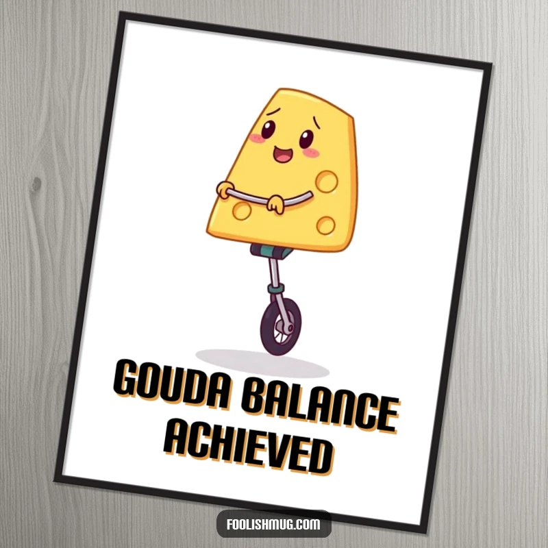 Funny poster art of a cheese slice artfully balancing on a unicycle, capturing a moment of humorous precariousness and skill.