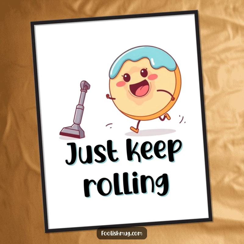 Funny donut character escaping a tiny vacuum cleaner on a poster, capturing a dynamic and humorous chase scene for wall decor.