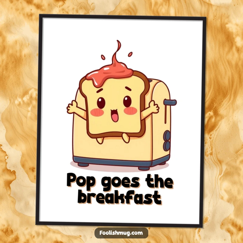 Funny surprised toast poster, a toast slice jumping out of a toaster with jam, cheerful funny gift.