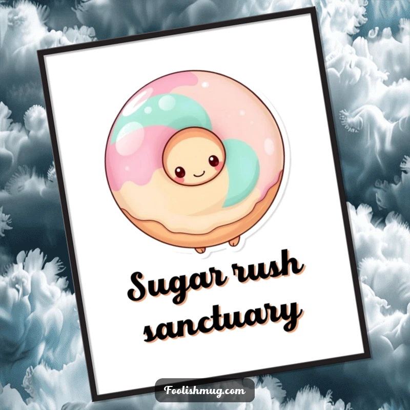 Funny shy donut hiding behind a giant lollipop, printed as whimsical wall art, cute and endearing.