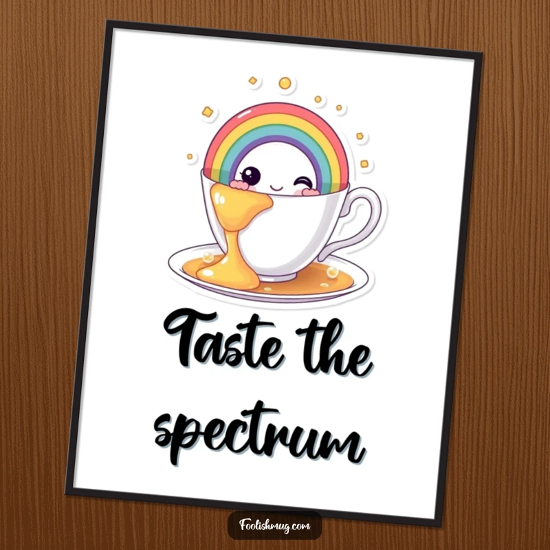 Funny rainbow teacup poster, showing a teacup gushing with a vibrant, cheerful rainbow, perfect for adding colorful wall art.