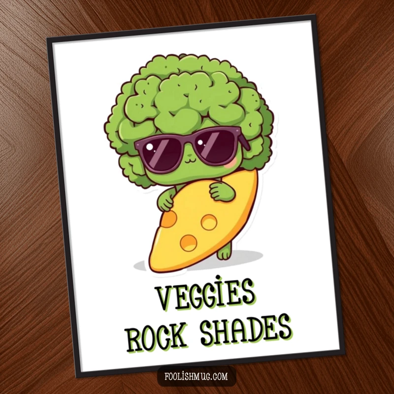 Funny shy broccoli poster, showing a broccoli wearing sunglasses, hiding behind a large cheese slice, adding quirky wall decor.
