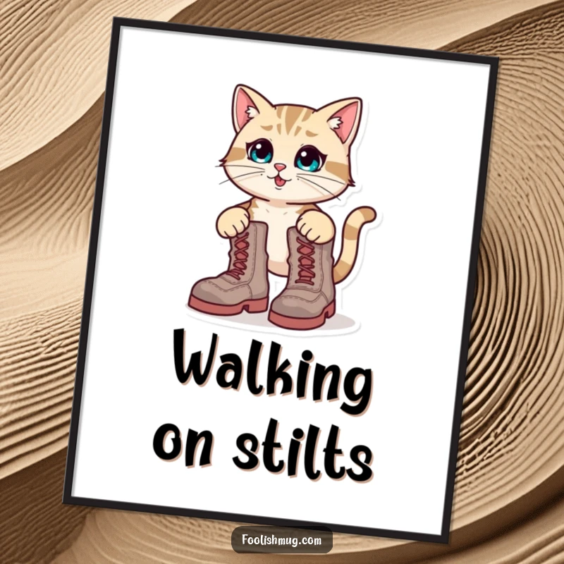 Funny Poster: A determined cat character hilariously struggling with oversized boots, providing comic relief.