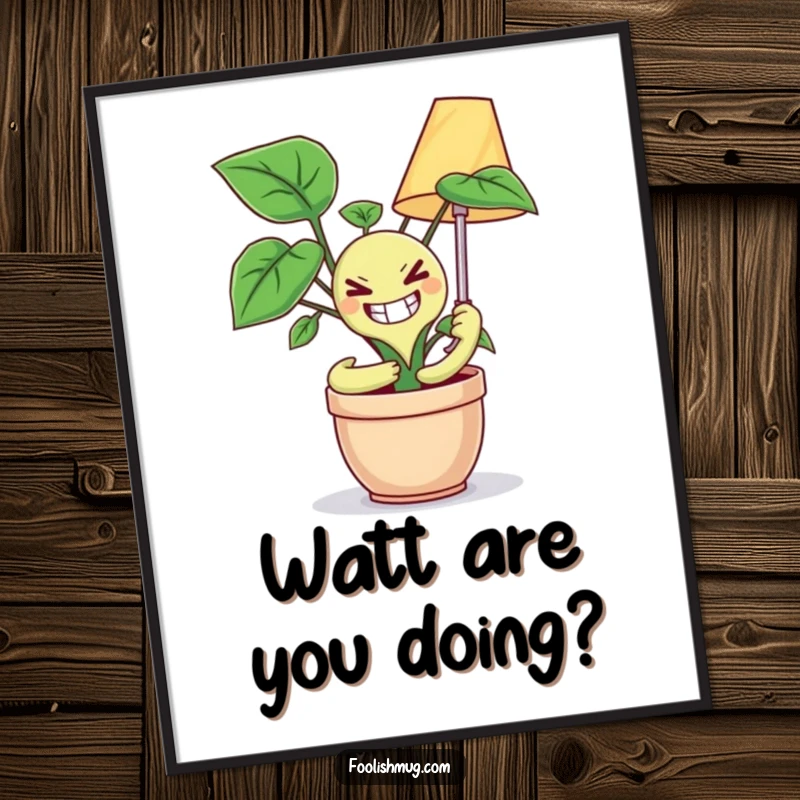 Funny poster art of a potted plant with a slightly unhinged grin trying to hug a lamp, offering a unique and humorous decorative piece.