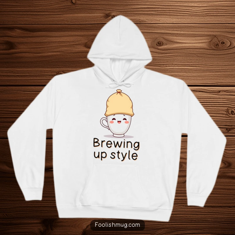 Funny hoodie depicting a playful teacup character wearing a giant teabag as a hat, cozy and whimsical for a funny gift.