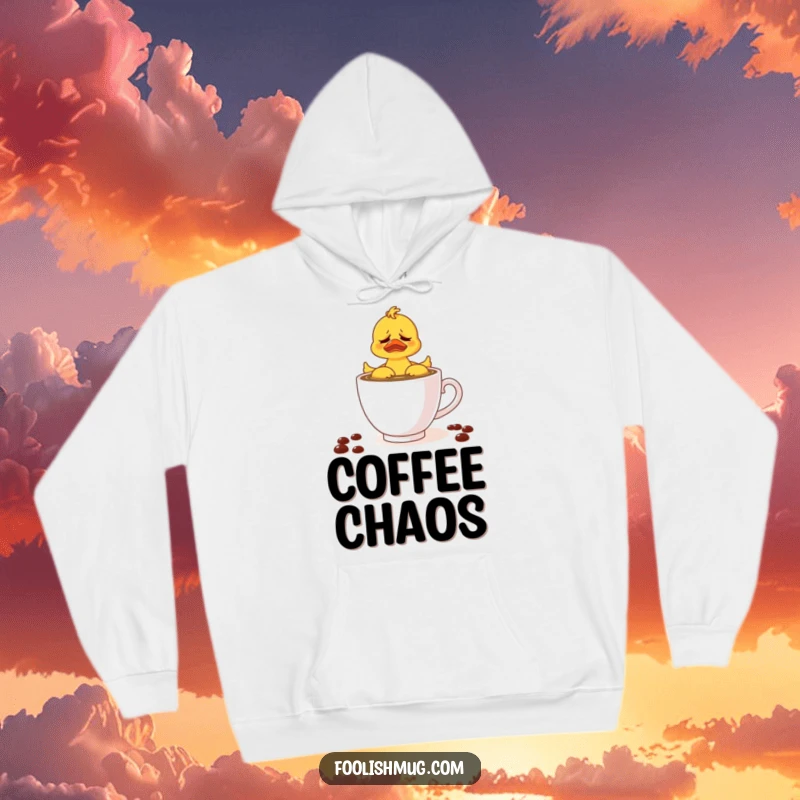 Funny hoodie featuring a frustrated rubber ducky struggling in a teacup of coffee, offering warmth and a relatable dose of humor.