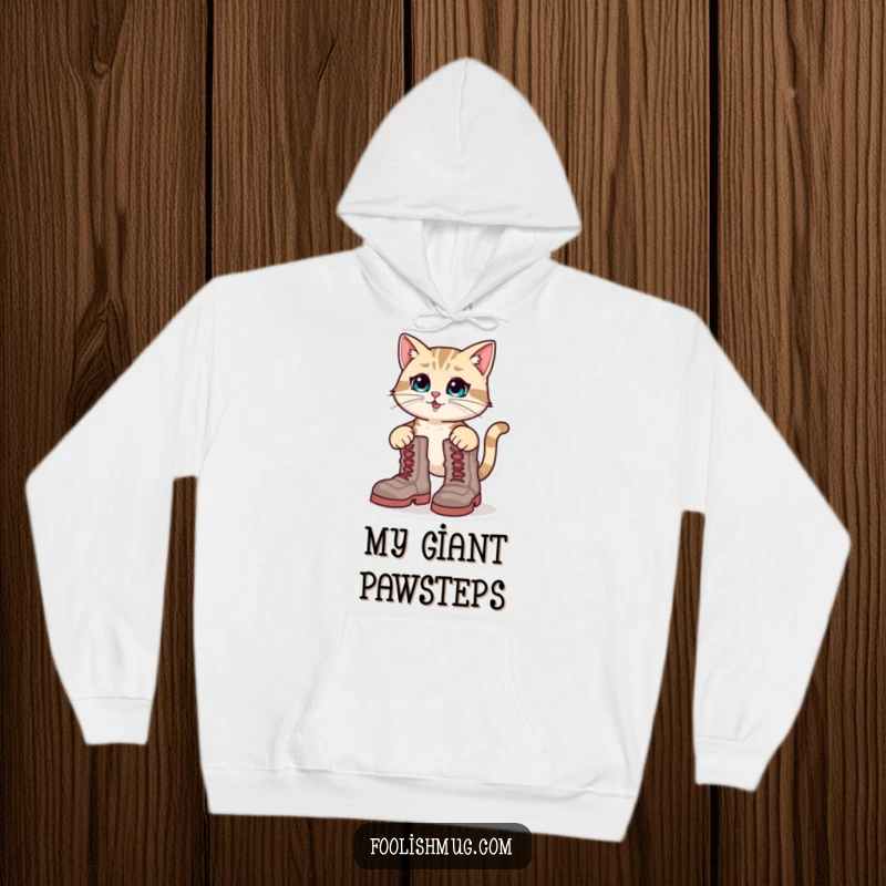 Funny Hoodie: A determined cat character hilariously trying to wear boots that are far too big.