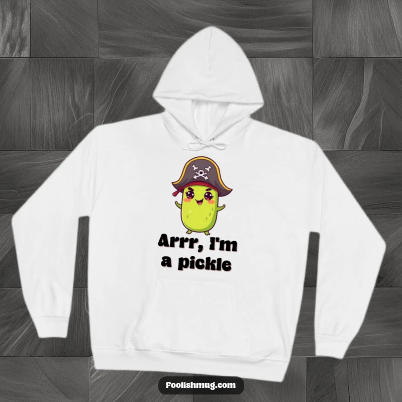 Funny Hoodie: A mischievous pickle in a tiny pirate hat offers cozy comfort and a splash of humorous pirate adventure.