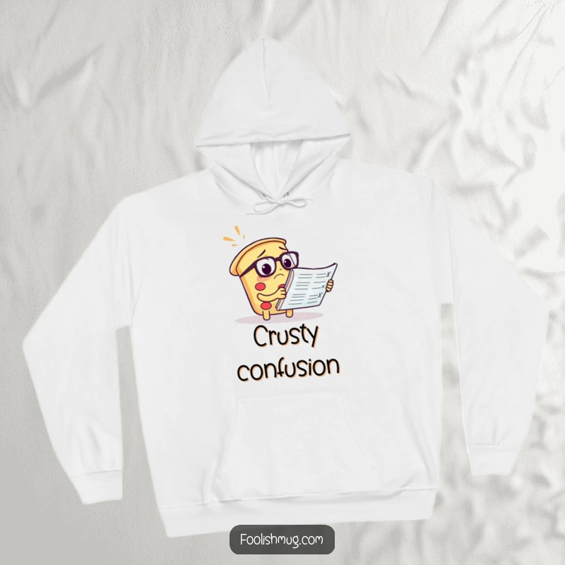 Funny pizza hoodie featuring a confused slice with spectacles reading a menu, cozy foodie fun.