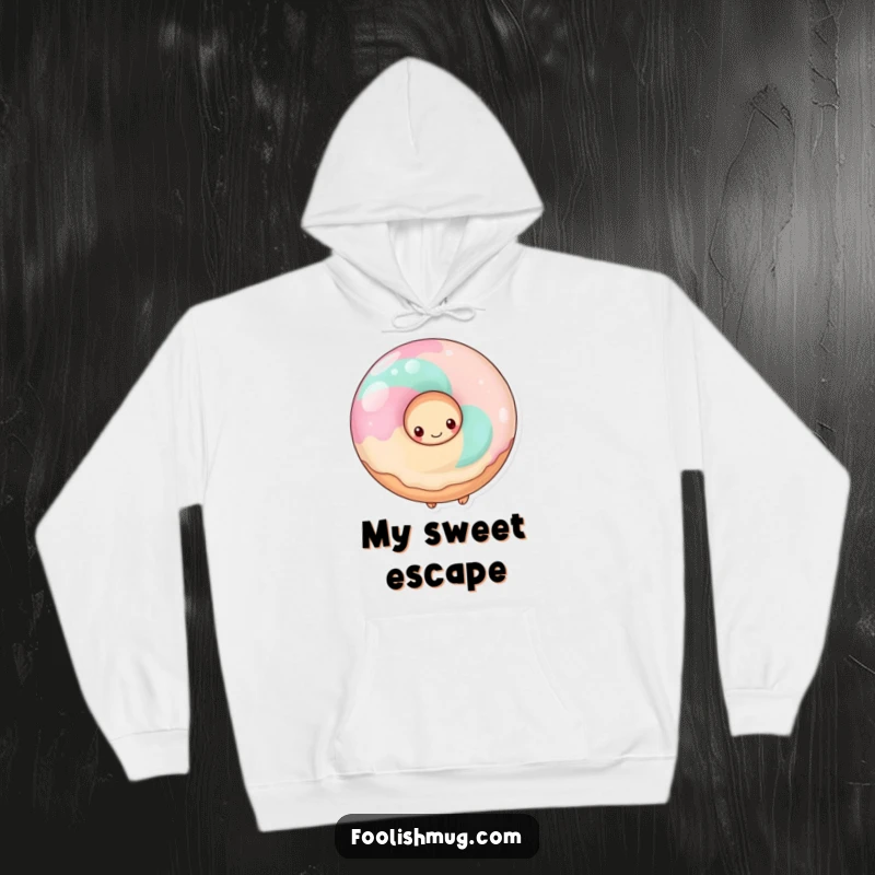 Funny shy donut hiding behind a giant lollipop, on a warm hoodie, radiating sweetness.