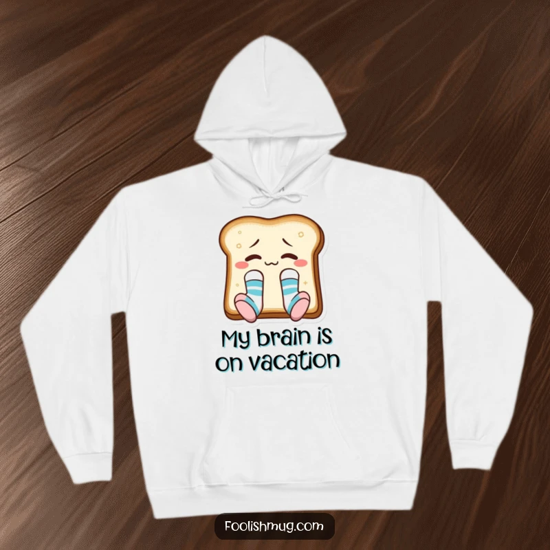 Funny toast slice in mismatched socks, depicted on a cozy hoodie, radiating warmth and silliness.