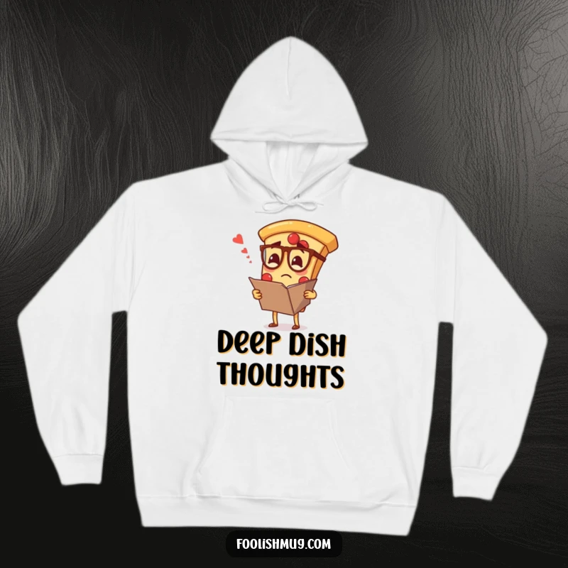 Funny hoodie with a pizza slice wearing glasses, looking perplexed at a huge menu, offering cozy humor.