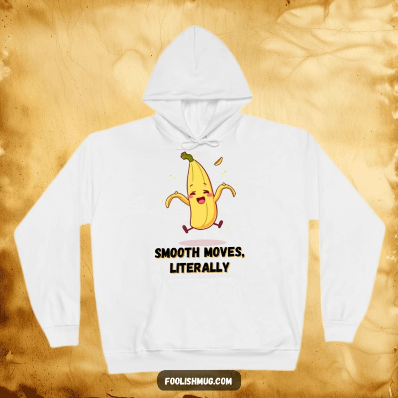 Funny banana peel character comically slipping on itself while juggling, a warm and hilarious hoodie, an ideal funny gift.