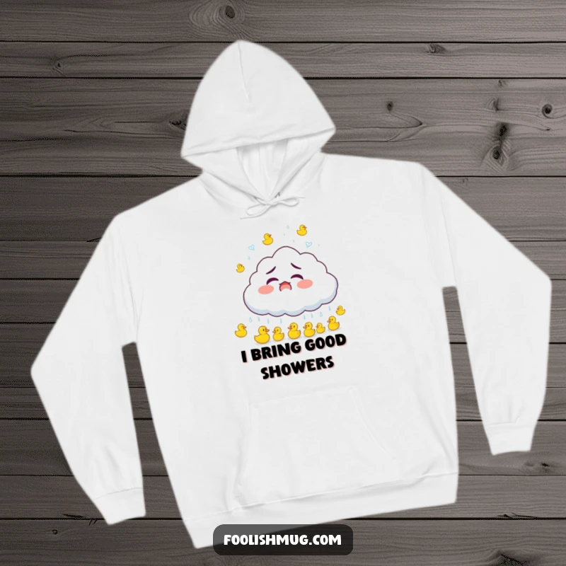 Funny startled cloud raining tiny bouncing rubber ducks, a super soft and funny hoodie, an ideal funny gift.