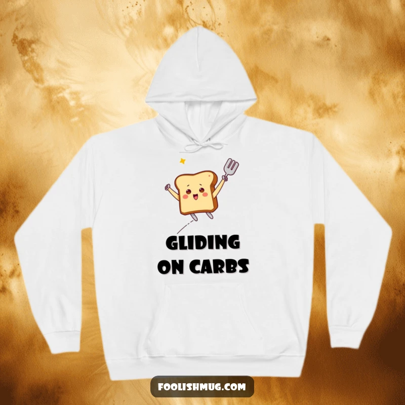Funny Hoodie: A beaming piece of toast character launching from a spatula, embodying breakfast freedom and airborne delight.