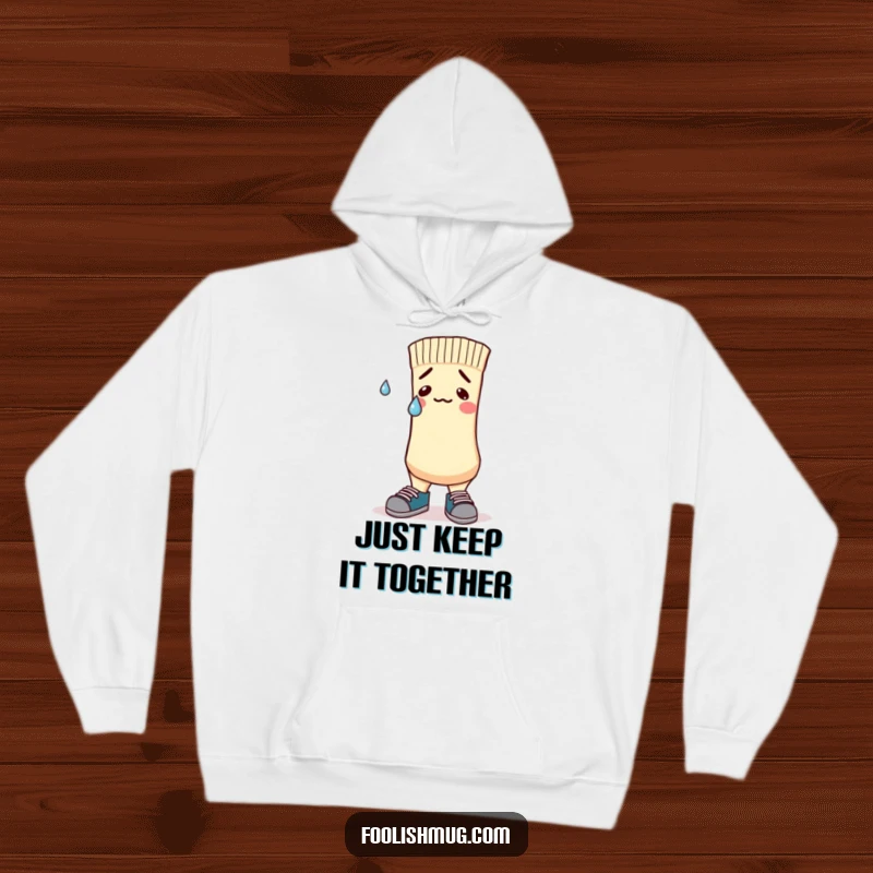 Funny Hoodie featuring a nervous sock character with mismatched shoes and a sweatdrop, symbolizing relatable everyday struggles.