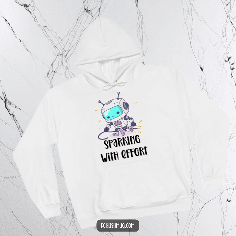 Funny hoodie depicting a clumsy robot tripping over its power cord with sparks flying, cozy and humorous for a funny gift.