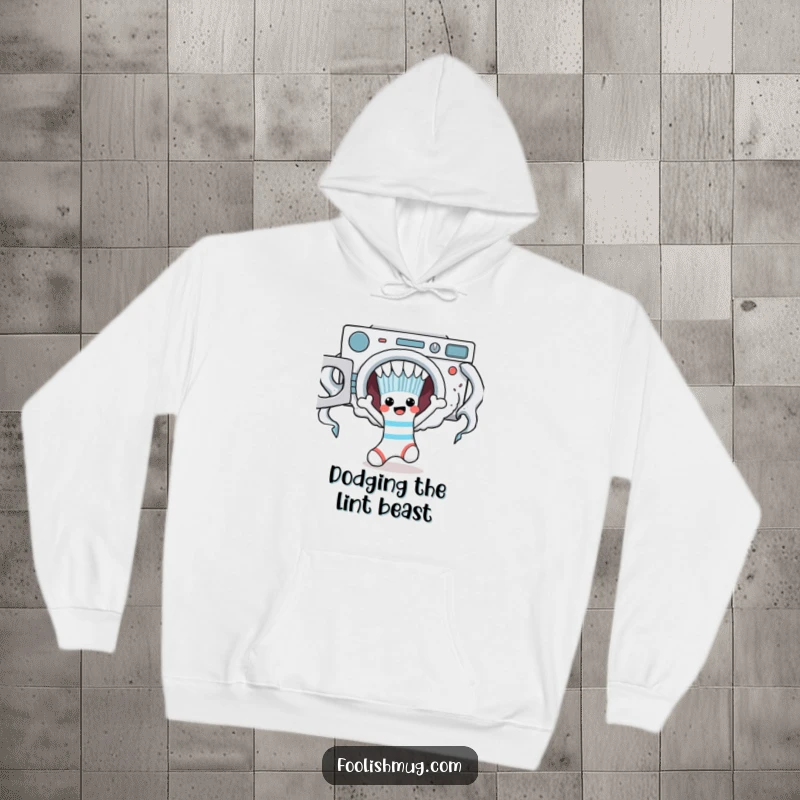 Funny sock character escaping a laundry monster, featured on a warm and comfortable hoodie.