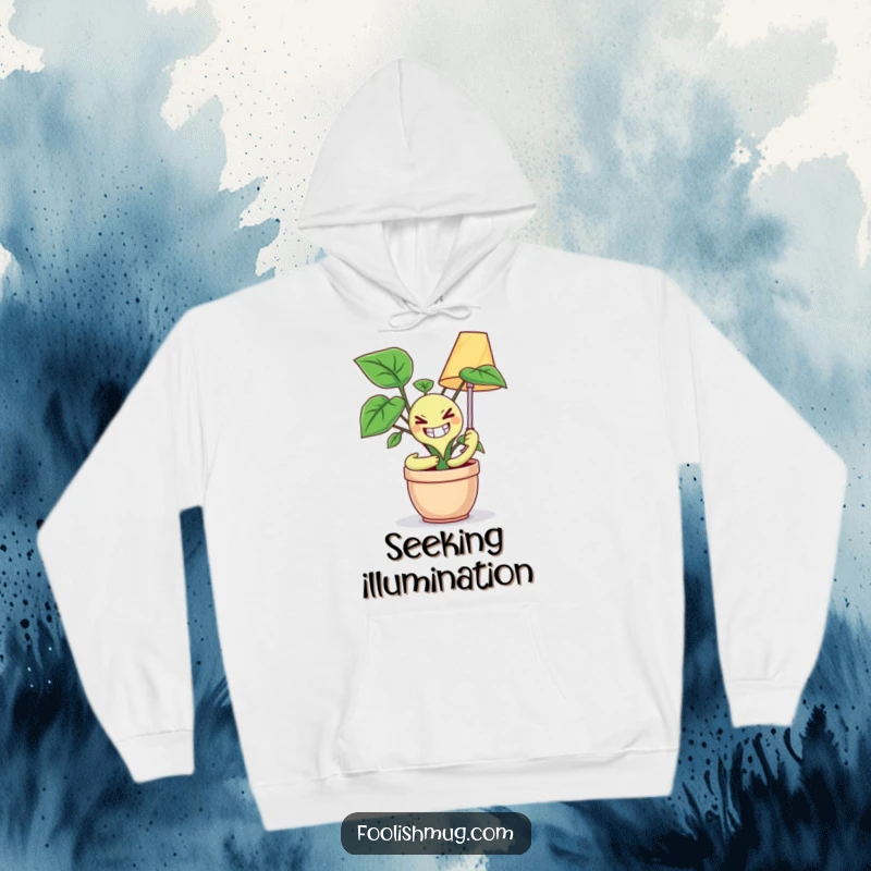 Funny hoodie depicting a potted plant with an unsettling grinning face trying to hug a lamp, ideal for those who love creepy-cute humor.