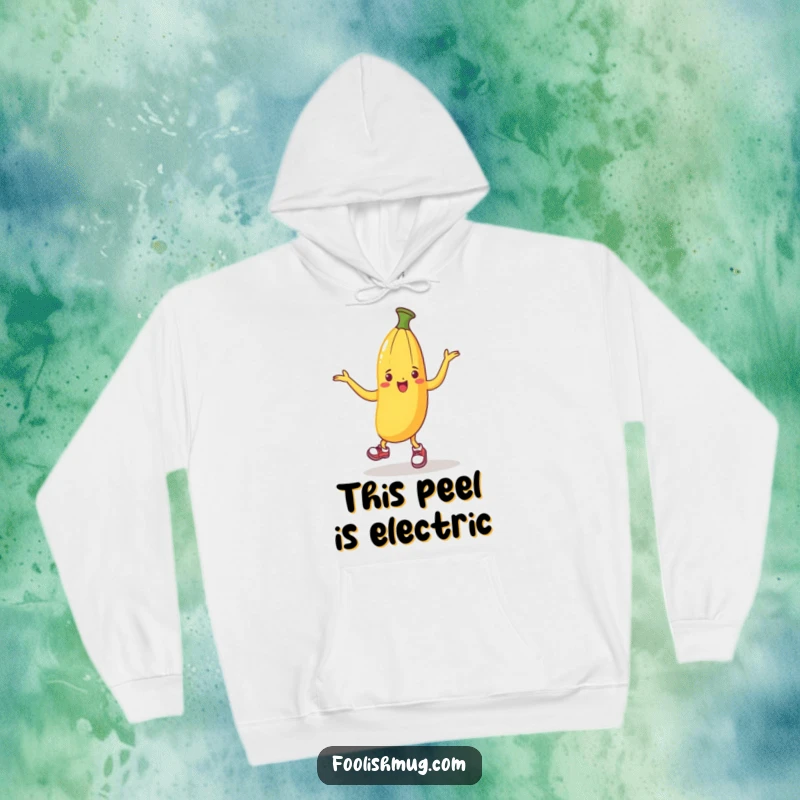 Funny hoodie showcasing a banana peel wearing little shoes, busting a move, radiating cheerful energy and slippery antics.
