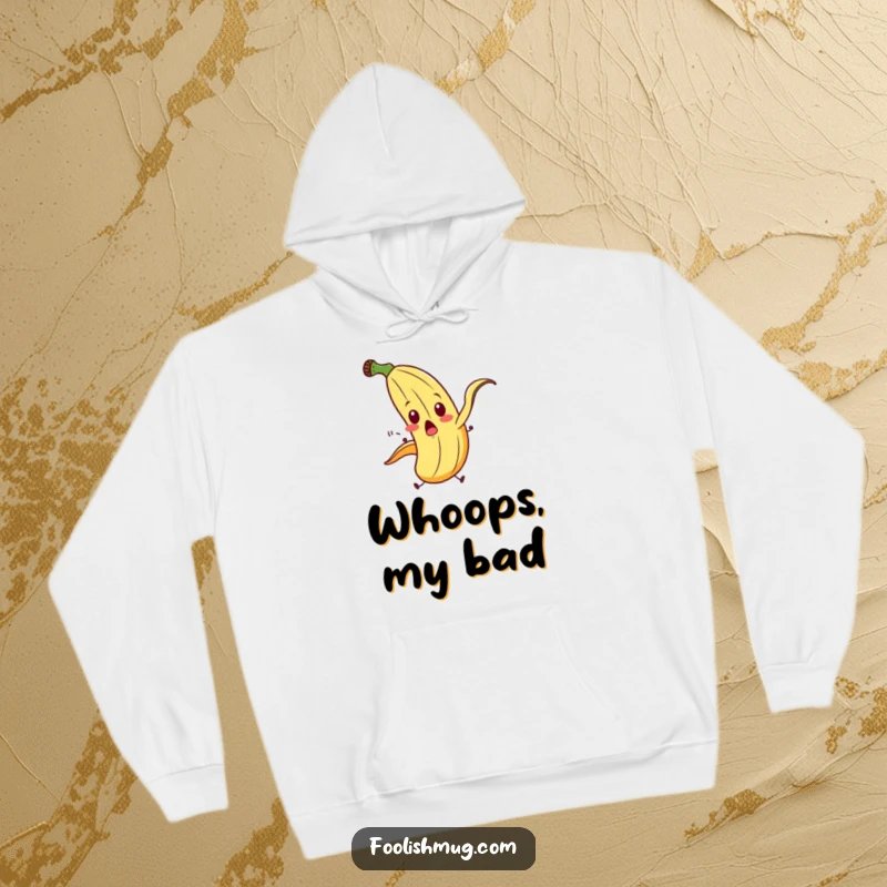 Funny banana peel character in a surprised, exaggerated slip on a hoodie, combining comfort with hilarious slapstick humor.